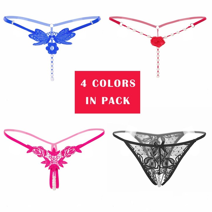 Women's Sexy Pearl Thong Crotchless Mesh Floral G-String 4 Different Patterns/Pack KZ6346