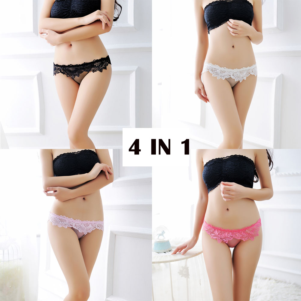 4 Colors Pack Women's Sexy Lace Brief Cute Breathable See-Through Panties Underwear for Women