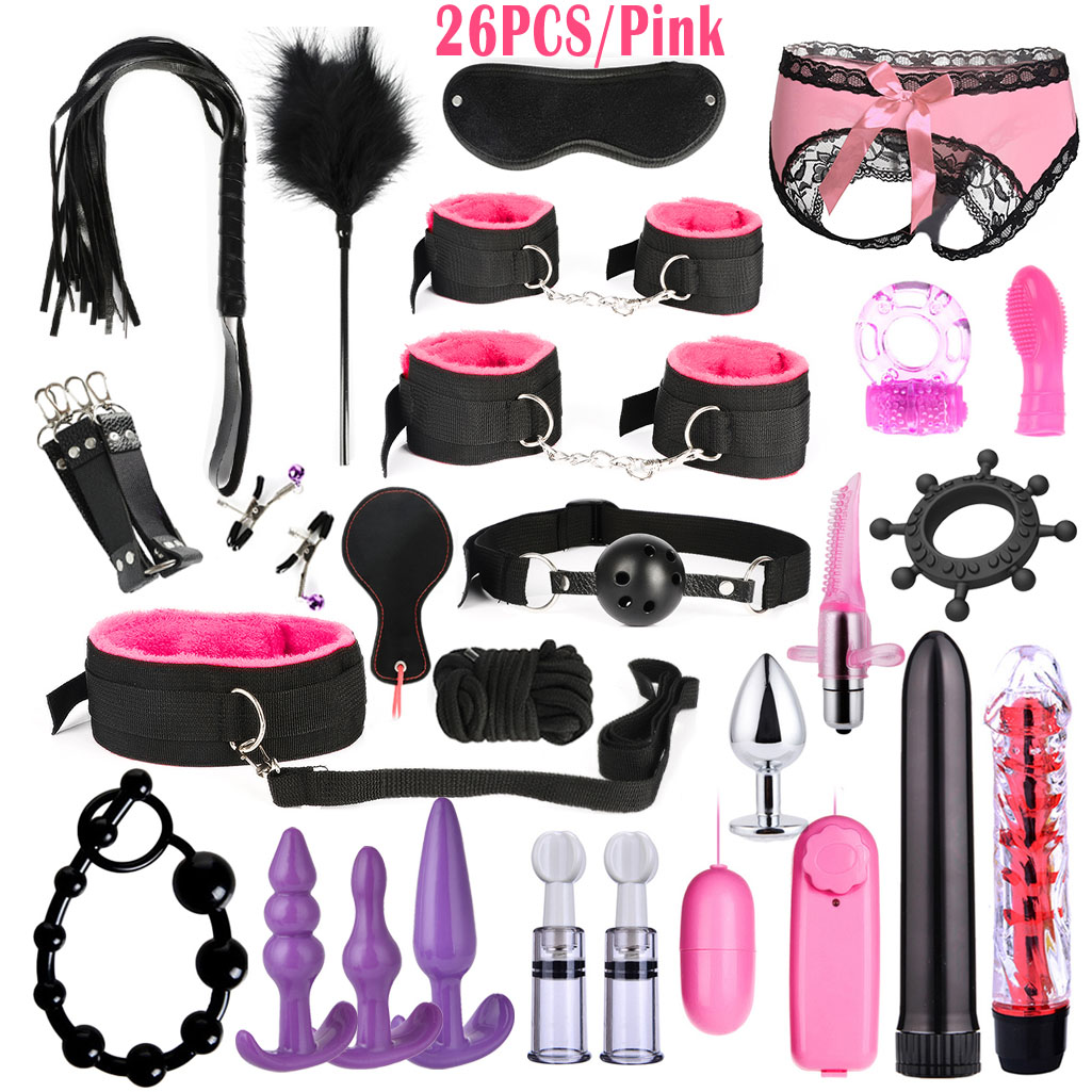 26pcs Pack Sex Restraints BDSM Leather Bondage Anal Plug Vibrator Nipples Sucker Handcuffs Cock Ring Anus Beads Sexy Lingerie Adult Sex Toys Fetish SM Role Play Game Foreplay Tool for Women Couple