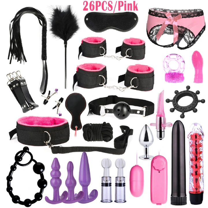 26pcs Pack Sex Restraints BDSM Leather Bondage Anal Plug Vibrator Nipples Sucker Handcuffs Cock Ring Anus Beads Sexy Lingerie Adult Sex Toys Fetish SM Role Play Game Foreplay Tool for Women Couple