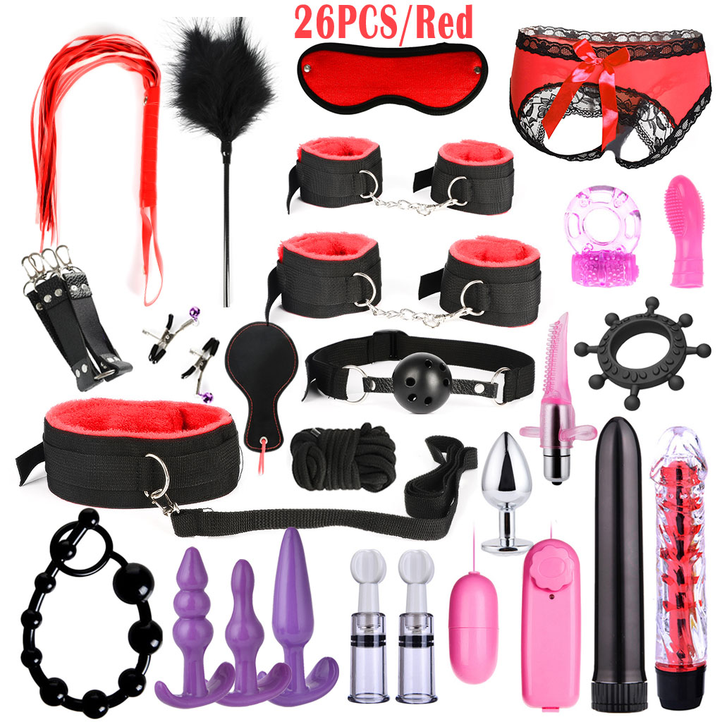 26pcs Pack Sex Restraints BDSM Leather Bondage Anal Plug Vibrator Nipples Sucker Handcuffs Cock Ring Anus Beads Sexy Lingerie Adult Sex Toys Fetish SM Role Play Game Foreplay Tool for Women Couple view 3