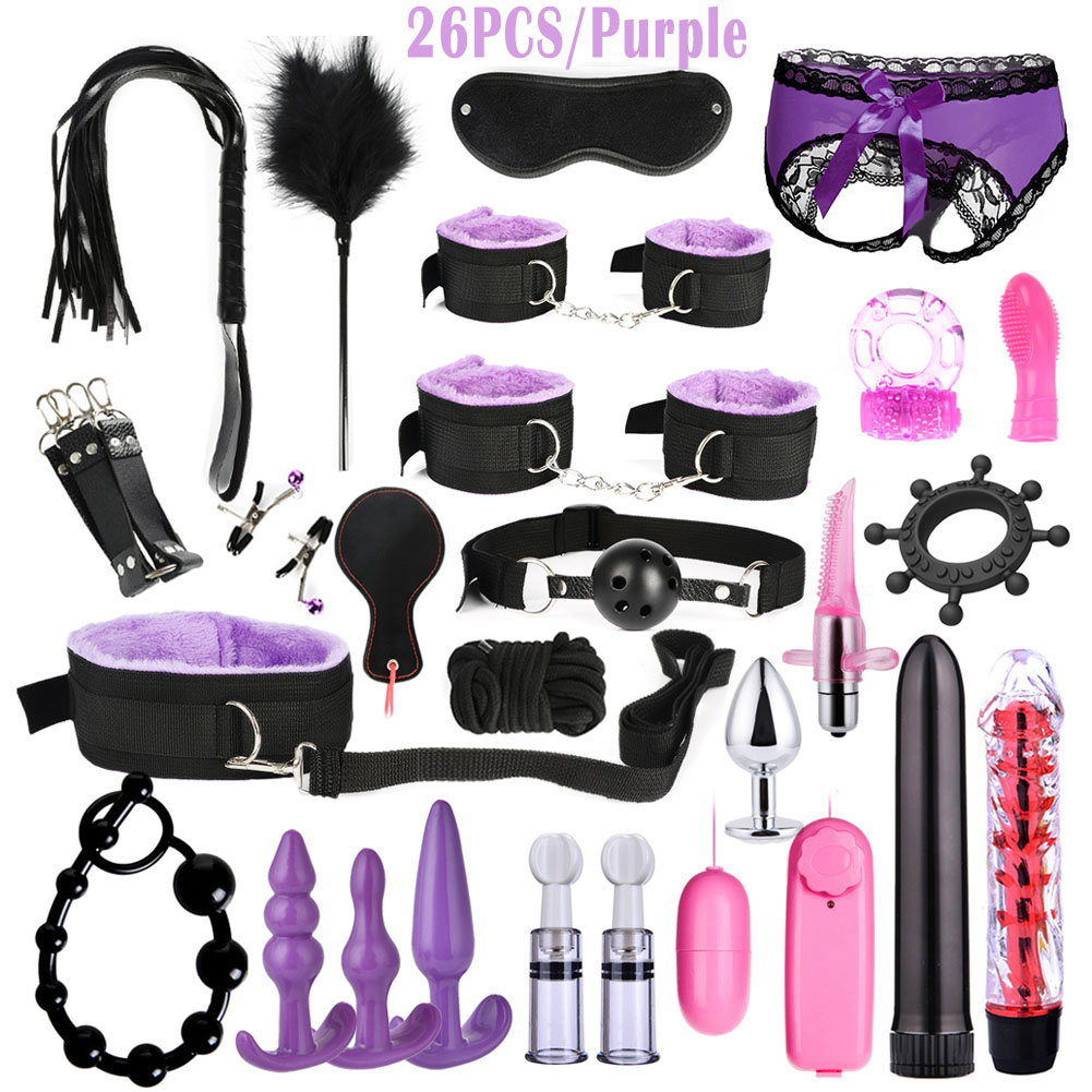 26pcs Pack Sex Restraints BDSM Leather Bondage Anal Plug Vibrator Nipples Sucker Handcuffs Cock Ring Anus Beads Sexy Lingerie Adult Sex Toys Fetish SM Role Play Game Foreplay Tool for Women Couple view 4