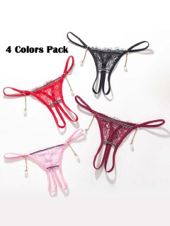 Women 4in1 Pack Sexy Lace Crotchless Brief G-String Lingerie See Through Underwear Thong Cute Breathable Panties Clothing Dresses Perfect Sex Gift For Girlfriend Wife