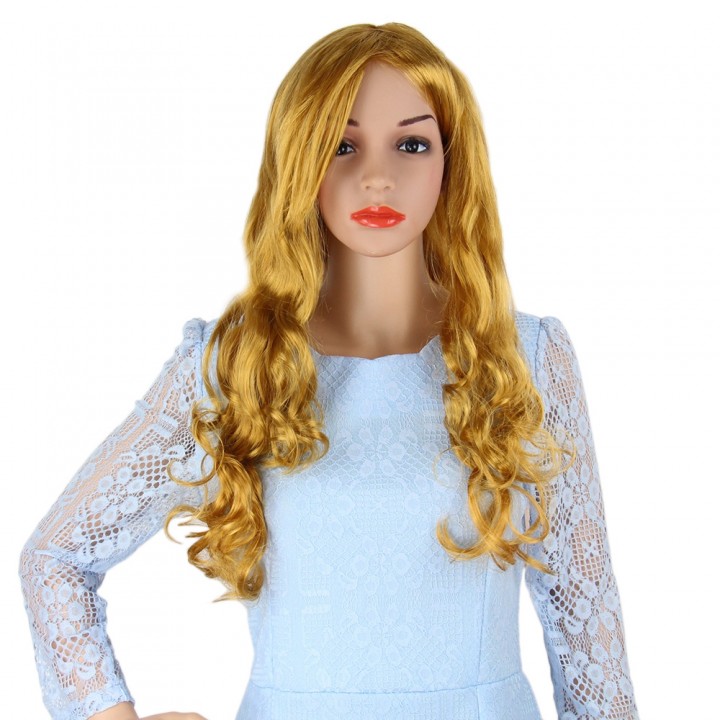 Long Curly Deep Golden Wigs Side Bangs for Cosplay