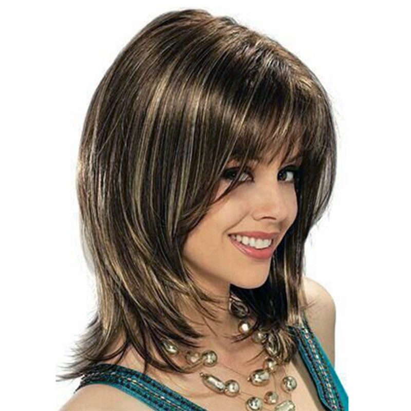 Neat Bang Straight Medium-length Hair Wig