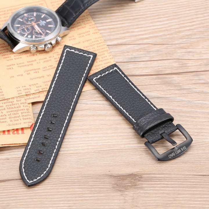 Men PU Leather Military Watch Strap Watch Band Stainless Steel Buckle 24MM