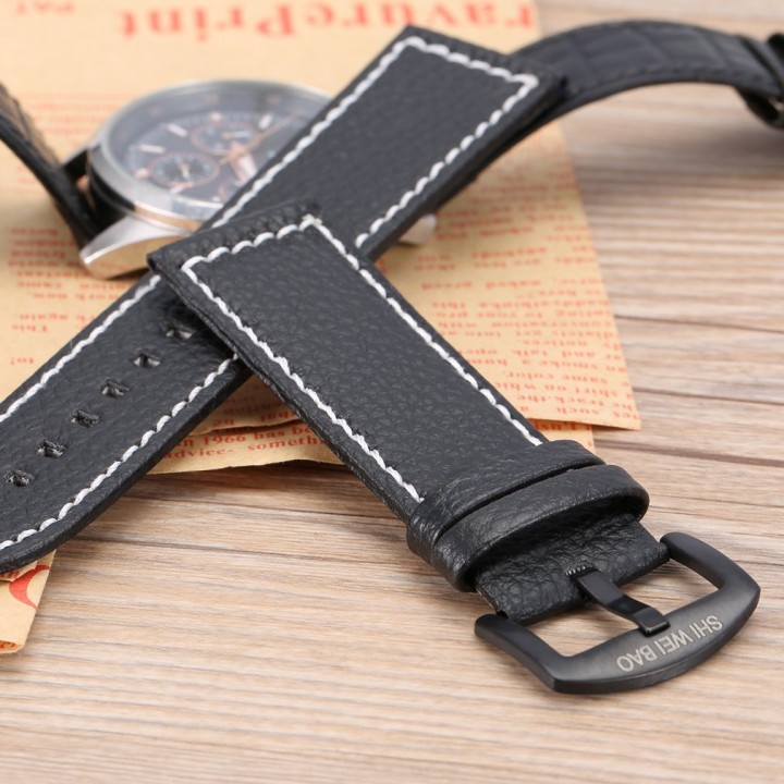 Men PU Leather Military Watch Strap Watch Band Stainless Steel Buckle 24MM