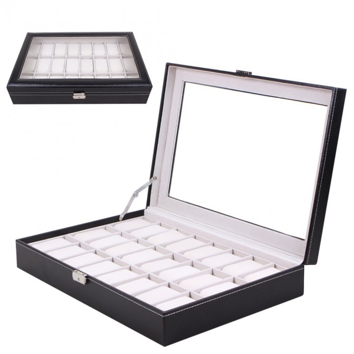 Watch Display Box 24 Grid Wristwatch Storage Case Organizer Black Leather