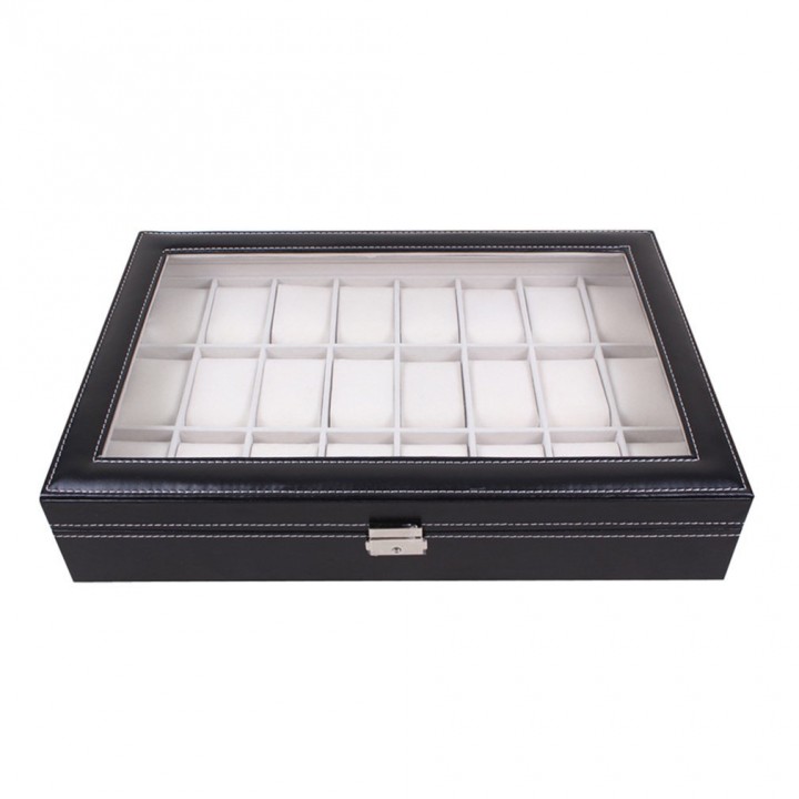 Watch Display Box 24 Grid Wristwatch Storage Case Organizer Black Leather