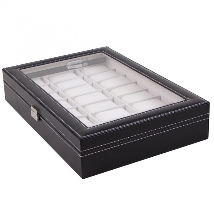 Watch Display Box 24 Grid Wristwatch Storage Case Organizer Black Leather