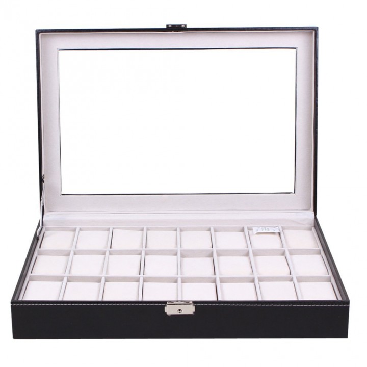 Watch Display Box 24 Grid Wristwatch Storage Case Organizer Black Leather