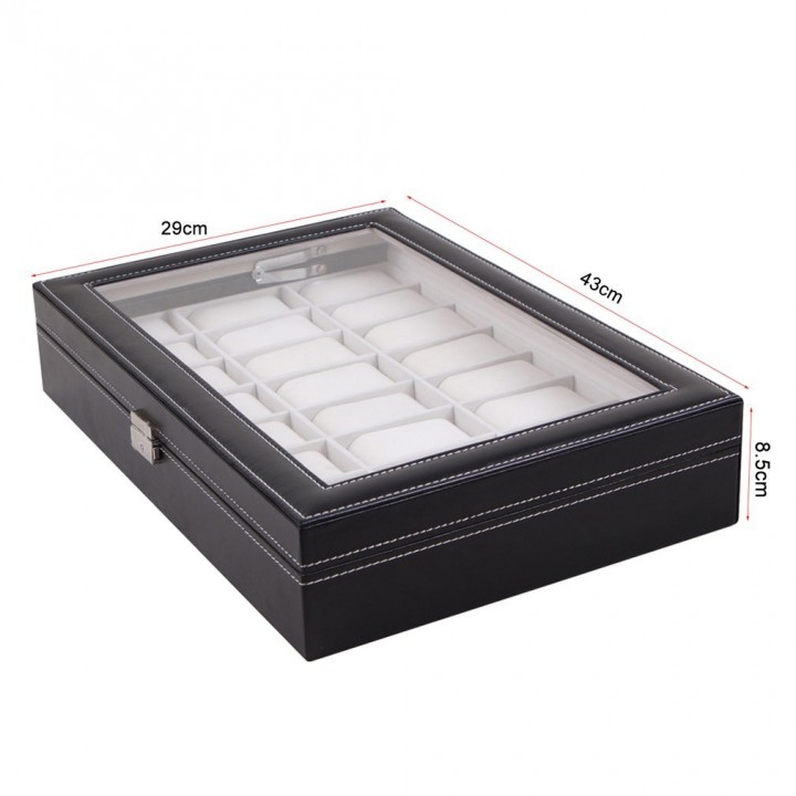 Watch Display Box 24 Grid Wristwatch Storage Case Organizer Black Leather