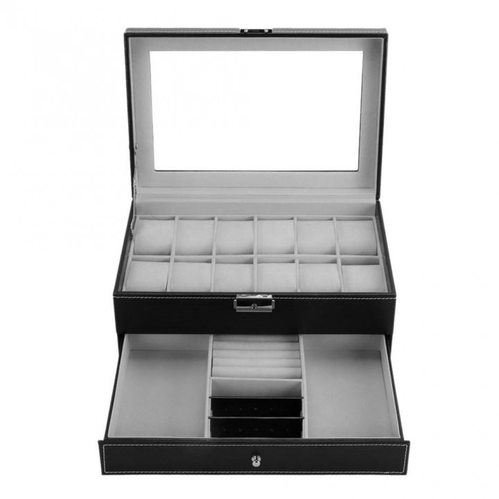 12 Grids Slots Watches Display Storage Box Case PU Leather Double Layers