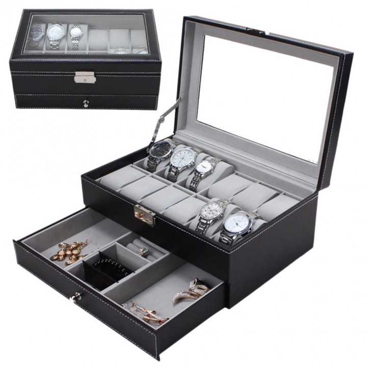 12 Grids Slots Watches Display Storage Box Case PU Leather Double Layers