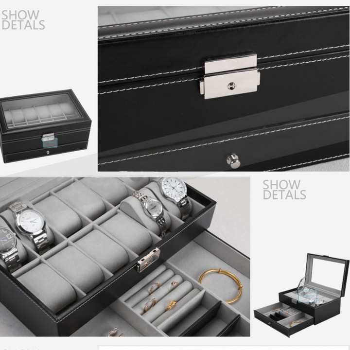 12 Grids Slots Watches Display Storage Box Case PU Leather Double Layers