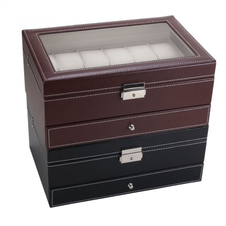 12 Grids Slots Watches Display Storage Box Case PU Leather Double Layers