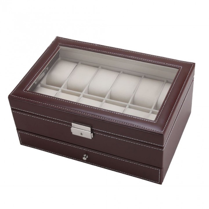 12 Grids Slots Watches Display Storage Box Case PU Leather Double Layers