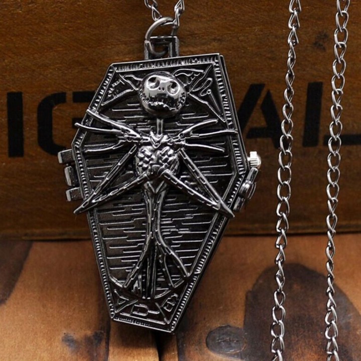 Casual Vintage Flip Quartz Pocket Watch Neck Pendant Corpse Pattern with Chain