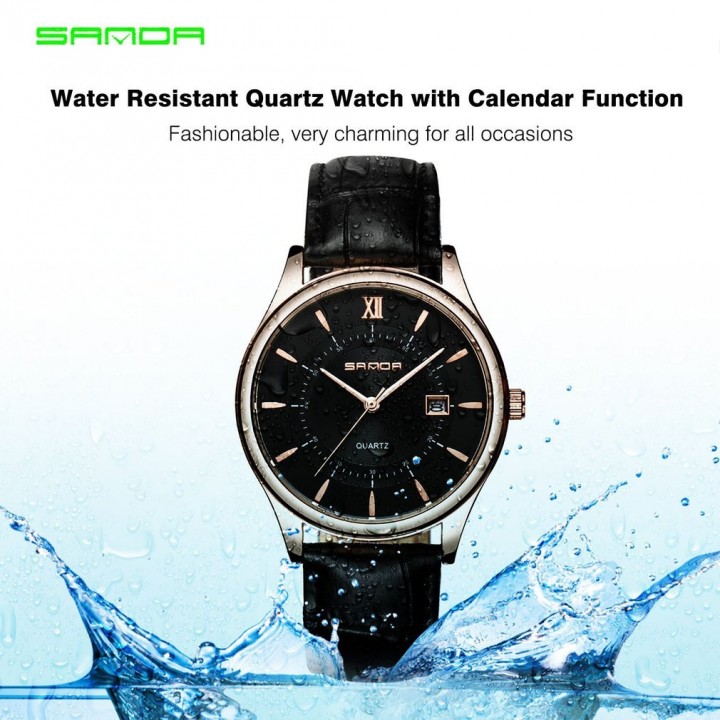 Water Resistant Quartz Watch with Calendar Function with Leather Band for Men