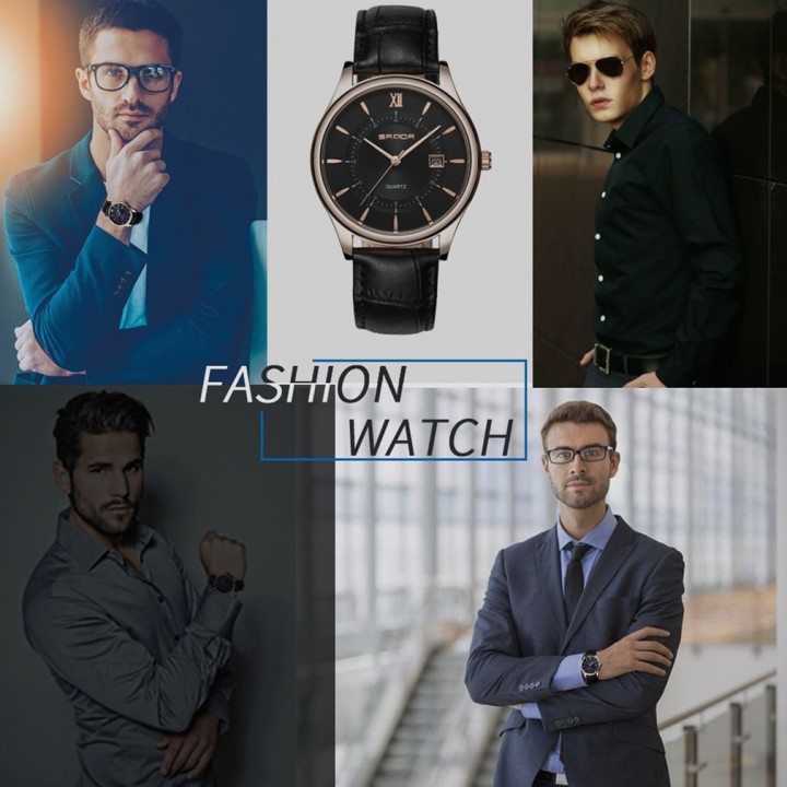 Water Resistant Quartz Watch with Calendar Function with Leather Band for Men