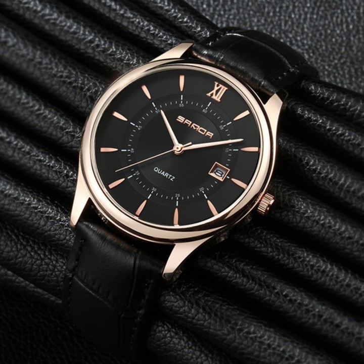 Water Resistant Quartz Watch with Calendar Function with Leather Band for Men