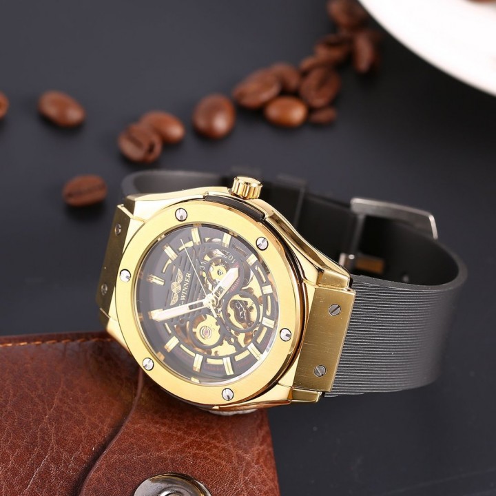 Men Automatic Mechanical Watch Silicone Wristwatch Gold Dial Wrist Watch