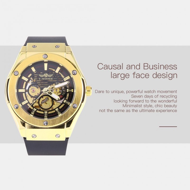 Men Automatic Mechanical Watch Silicone Wristwatch Gold Dial Wrist Watch