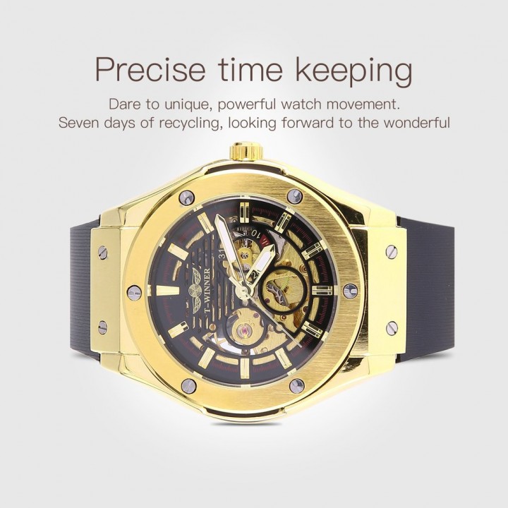 Men Automatic Mechanical Watch Silicone Wristwatch Gold Dial Wrist Watch