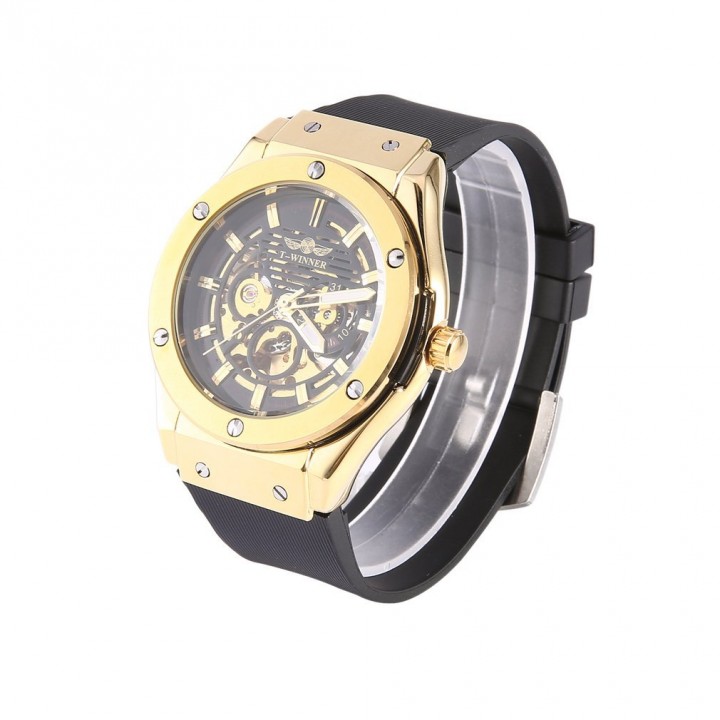 Men Automatic Mechanical Watch Silicone Wristwatch Gold Dial Wrist Watch