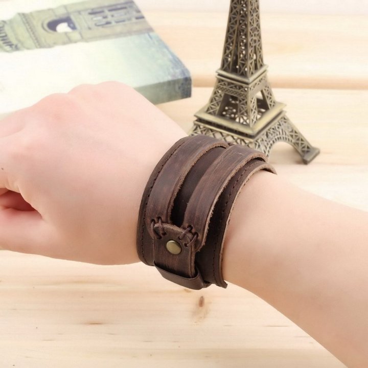 Genuine Cowhide leather Buckle Punk wide Bracelet Wristband men boys