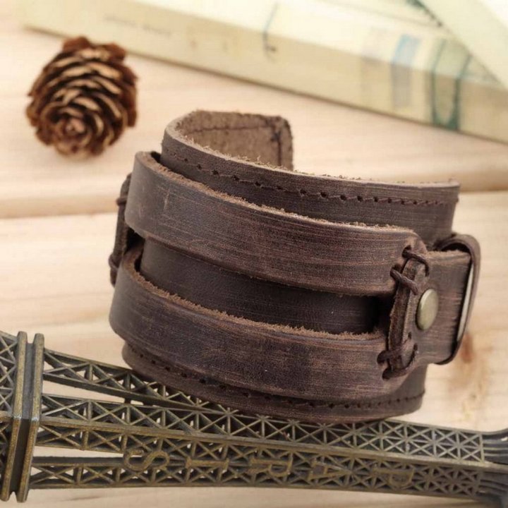 Genuine Cowhide leather Buckle Punk wide Bracelet Wristband men boys