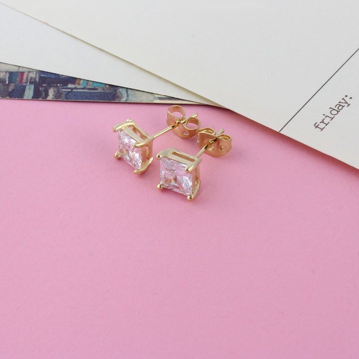 Gold & Clear Elegant Women Lady Girls Rhinestone Filled Square Ear Stud Earrings