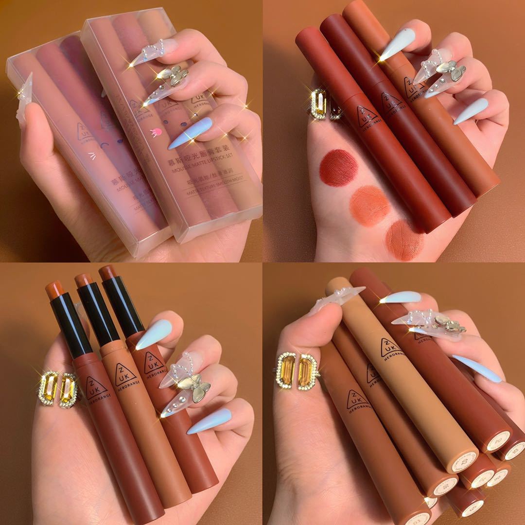 Gift box with 3-color lipstick thin pipe smoke pipe Lip Glaze matte fog lipstick set view 6