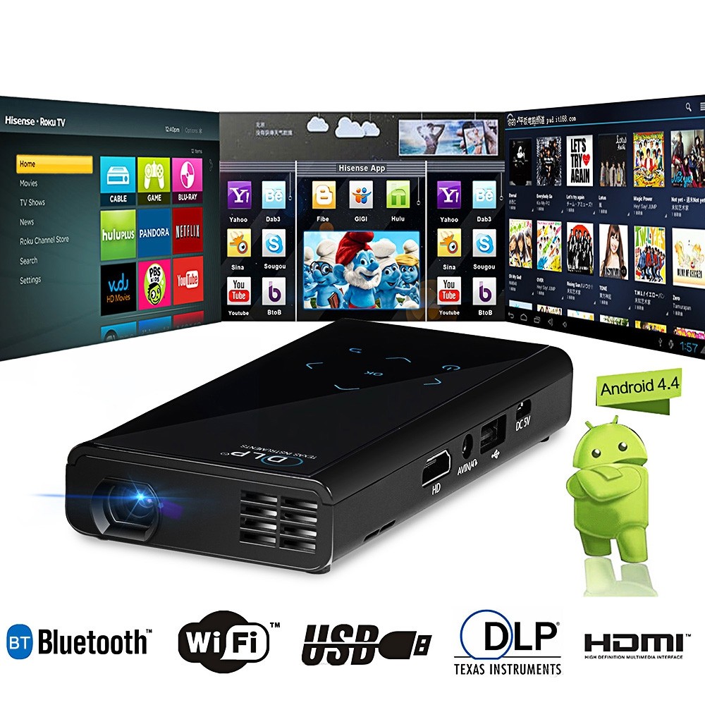 E06S 120 Lumens 854 x 480 Pixels Android4.4.2 DLP WiFi Bluetooth Projector Support HDMI AV USB Mini SD Card Slot for Home Theater Business - 1GB RAM 4GB ROM