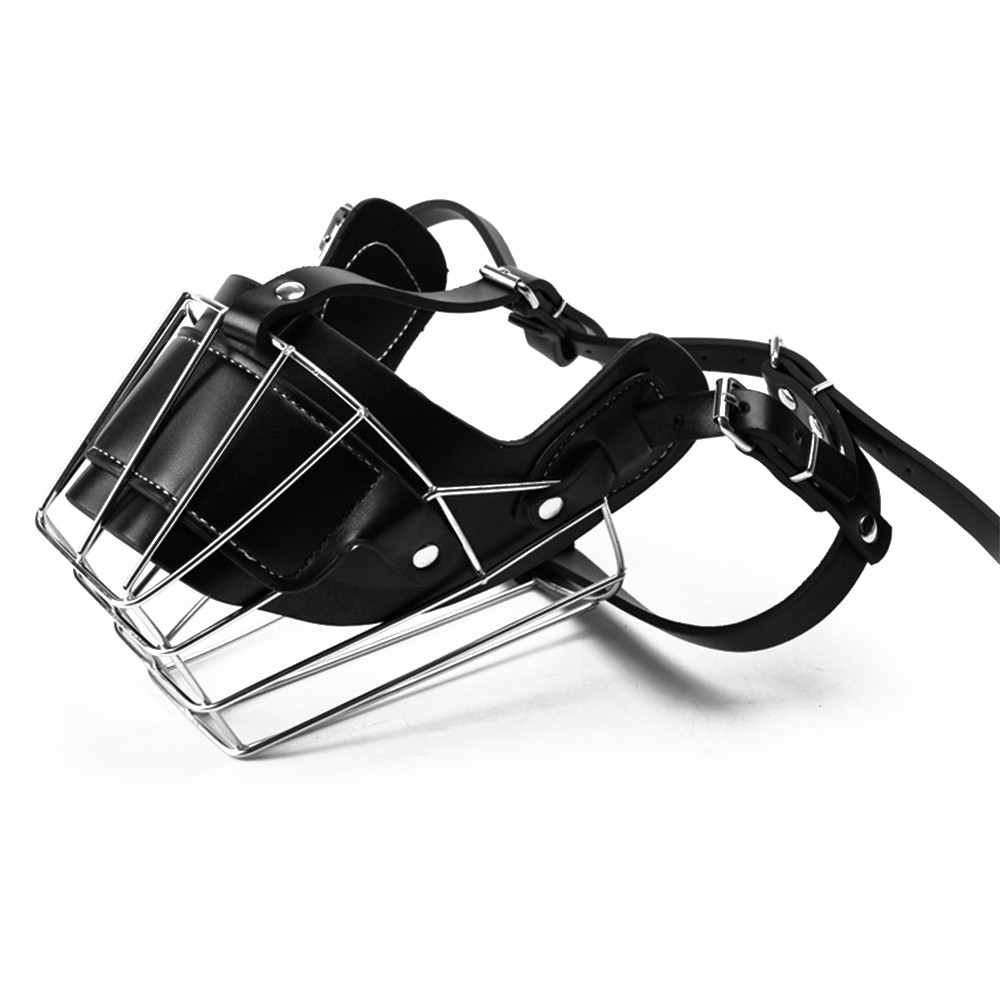 Adjustable Leather Iron Cage Dog Muzzle Mask for Anti-bite