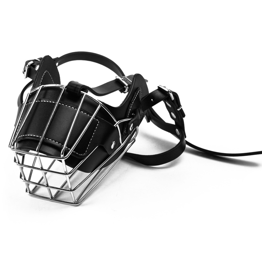 Adjustable Leather Iron Cage Dog Muzzle Mask for Anti-bite
