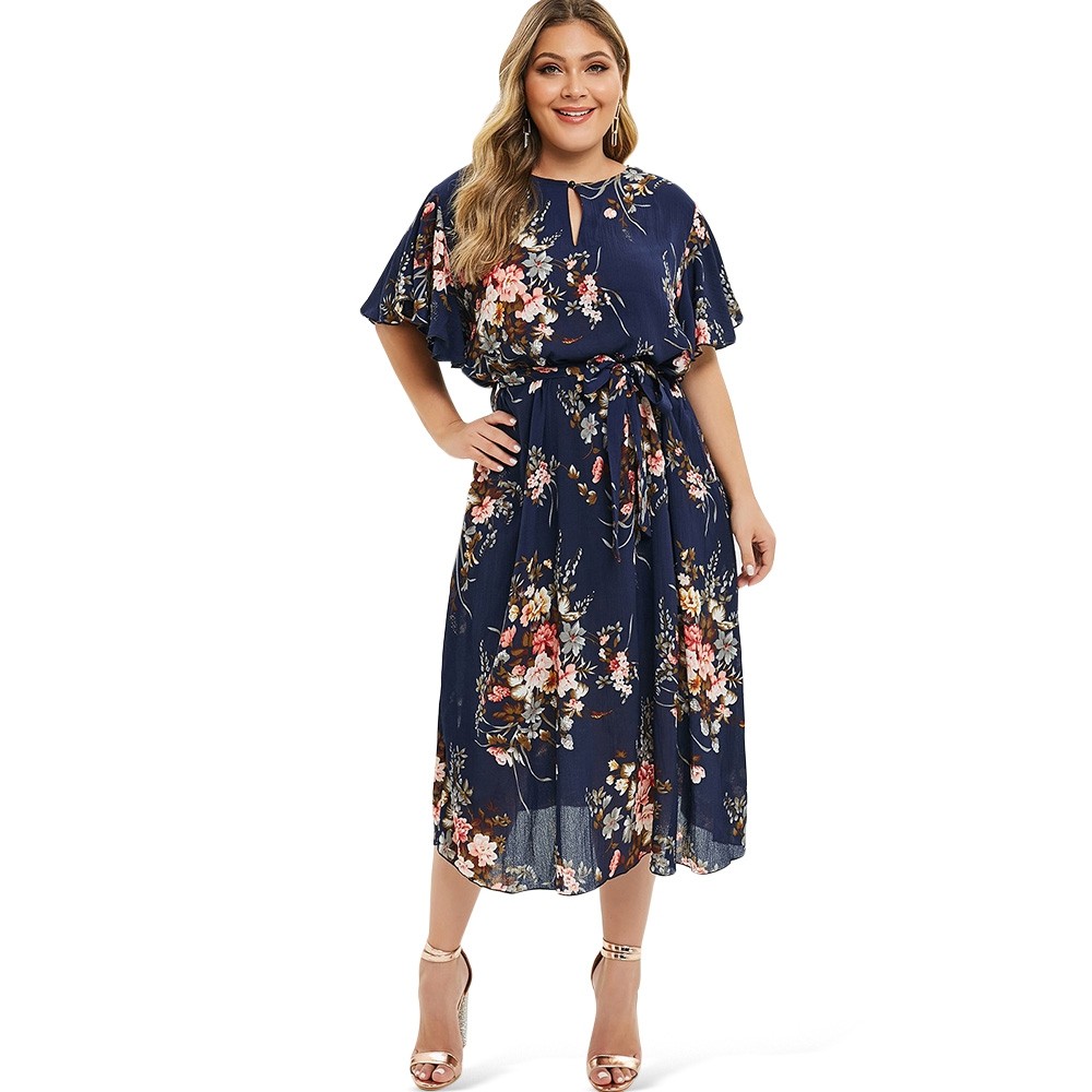 Plus Size Keyhole Neck Floral Print Belt Short Sleeve Dress