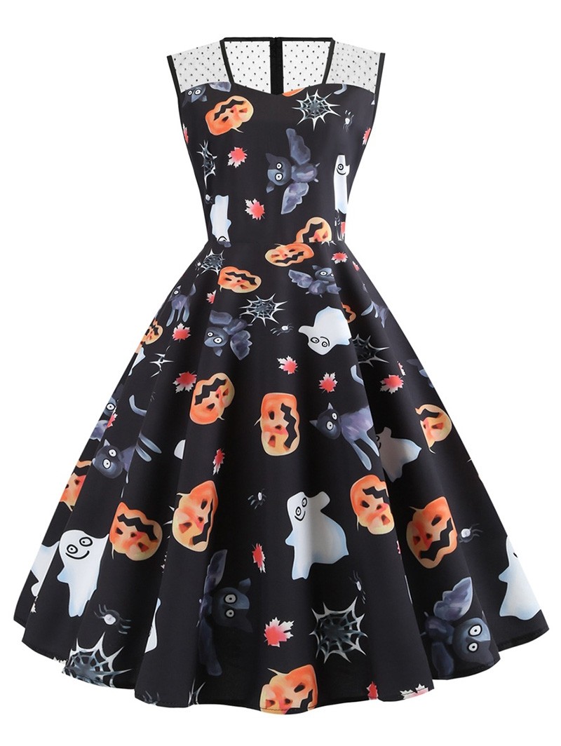 Plus Size Halloween Vintage Pumpkin Ghost Bat Print Dress