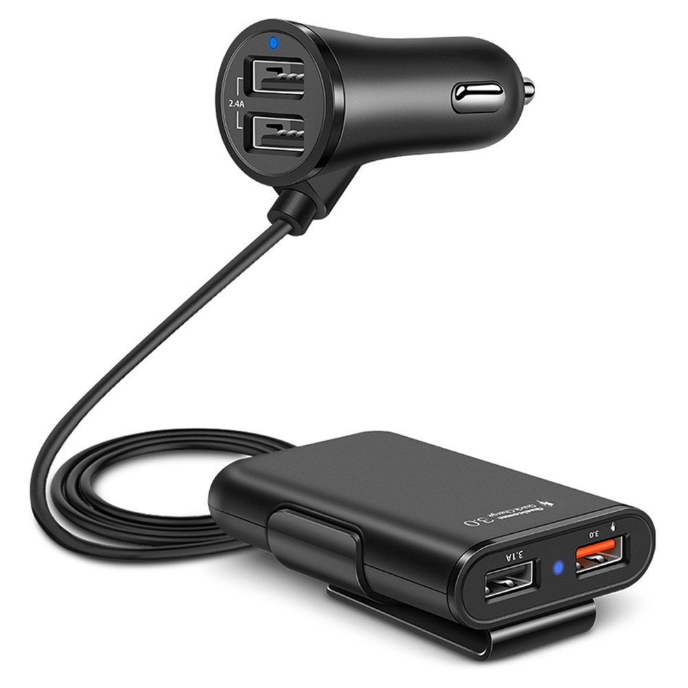 Universal 4 Ports USB Car Charger Front Back Seat QC 3.0 Charging with 1.8m Extension Cord