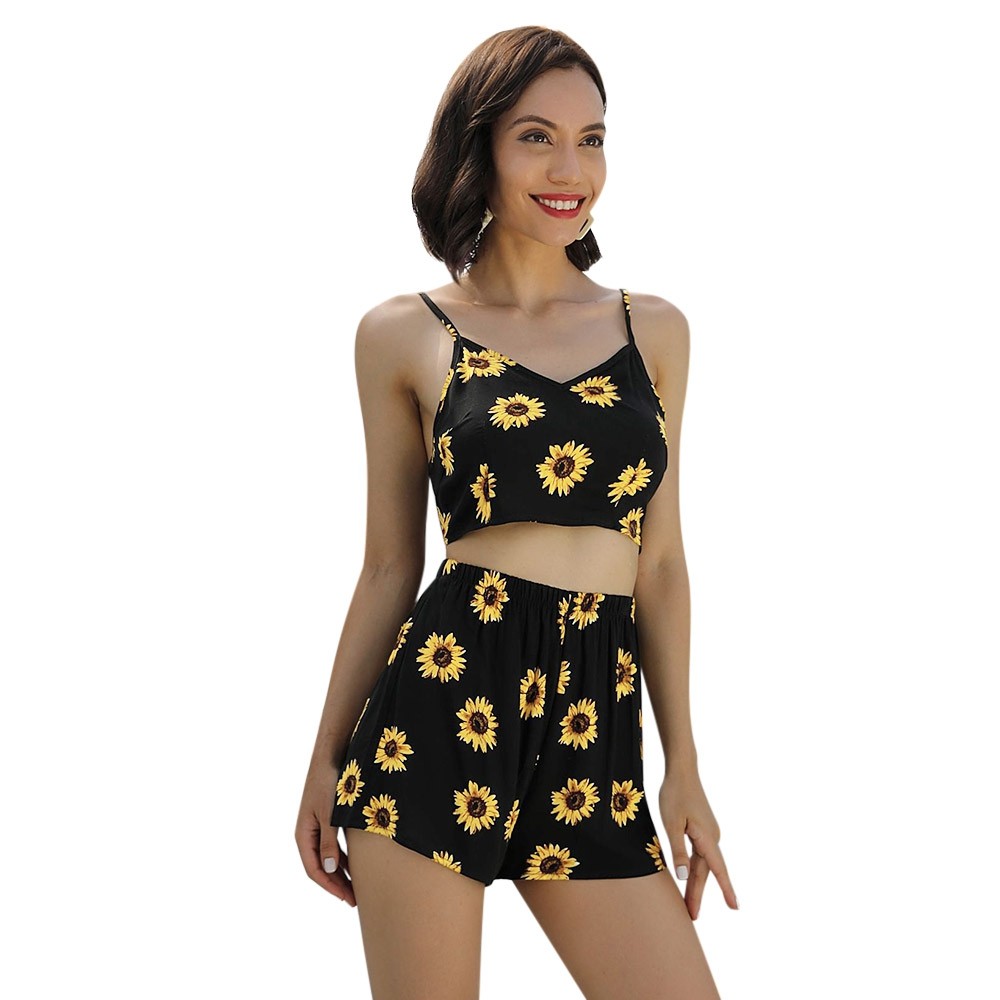 Women Two-piece Suit Sunflower Print Spaghetti Strap Knotted Crop Top Shorts
