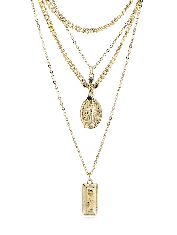 Layered Cross Geometric Shape Pendant Chain Necklace