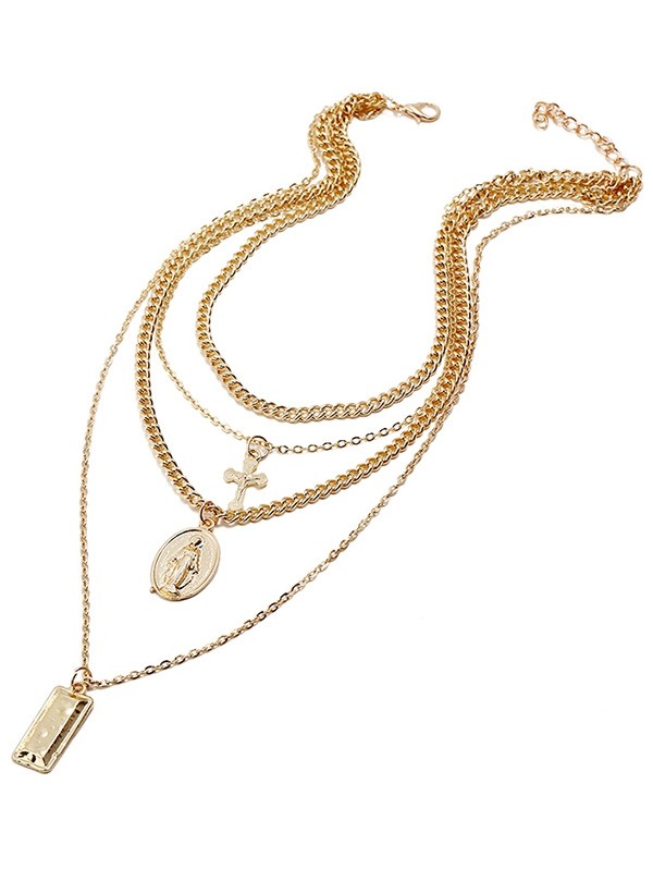 Layered Cross Geometric Shape Pendant Chain Necklace