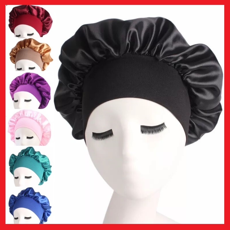 Satin Headscarf Hat Sleeping Bonnet Curly Hair Wrap Silk Cap Fashion Wide Soft Elastic Springy Band Head Scarf Headwear Pure Color Night Sleep Hat Nightcap Head Cover