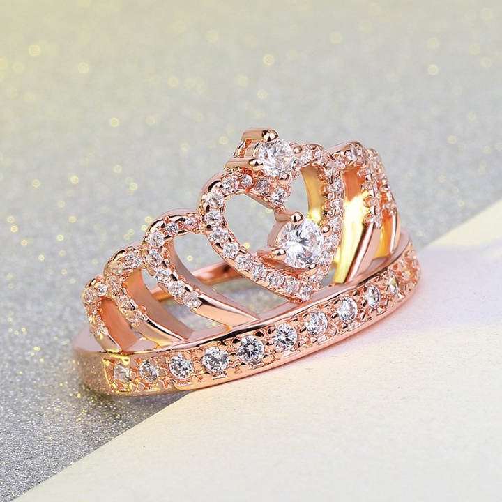 Rose Gold Princess Tiara Heart Crown Cubic Zirconia Ring