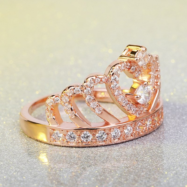 Rose Gold Princess Tiara Heart Crown Cubic Zirconia Ring