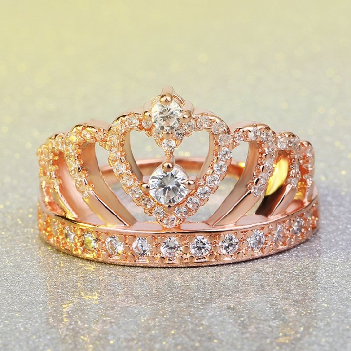 Rose Gold Princess Tiara Heart Crown Cubic Zirconia Ring