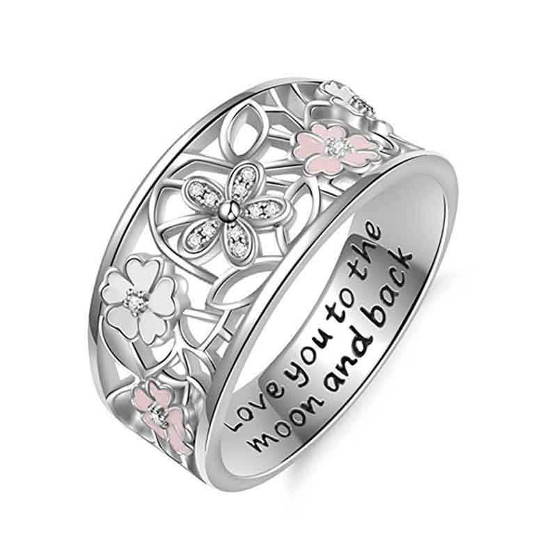 Exquisite Womens White Gold Plated Floral Rings  Cherry Blossom Clover Poetic Eternity Ring
