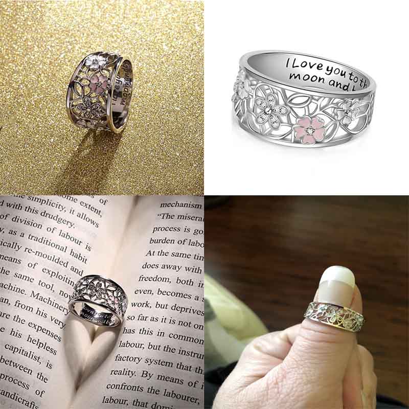 Exquisite Womens White Gold Plated Floral Rings  Cherry Blossom Clover Poetic Eternity Ring