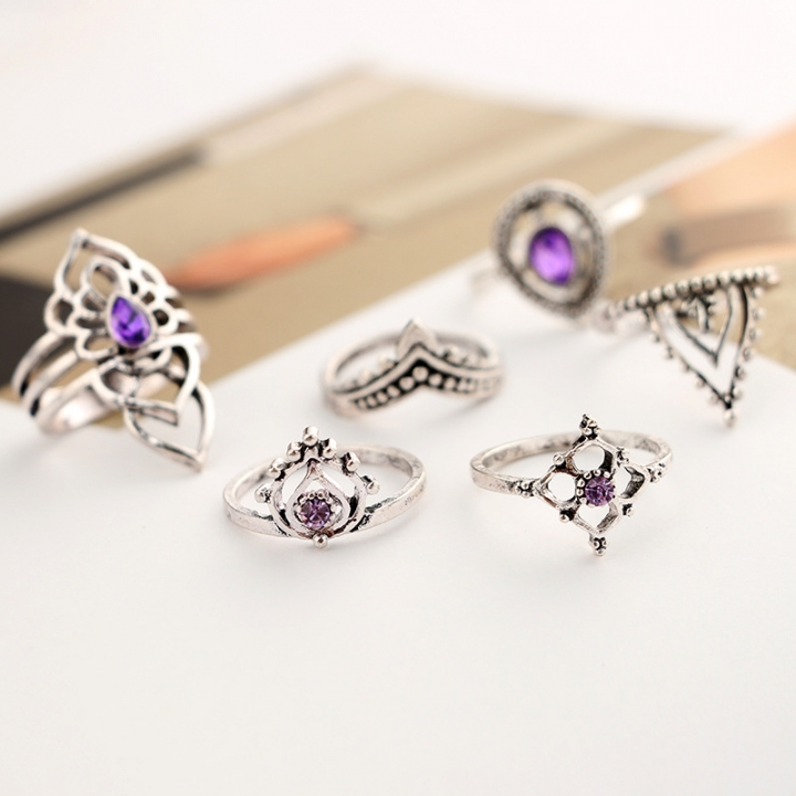 Retro Boho Flower Ring Sets Vintage Purple Crystal Knuckle Midi Rings  Beach Anillos Punk Jewellery