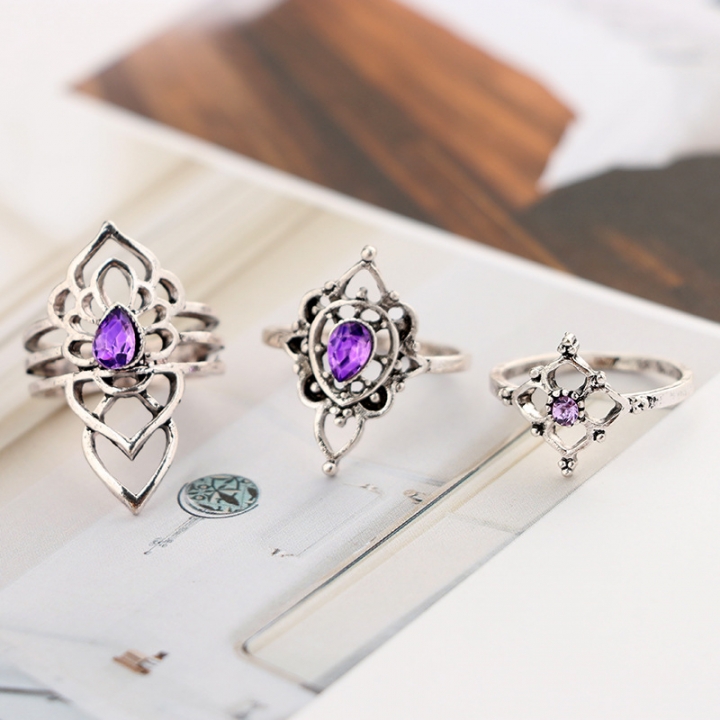 Retro Boho Flower Ring Sets Vintage Purple Crystal Knuckle Midi Rings  Beach Anillos Punk Jewellery